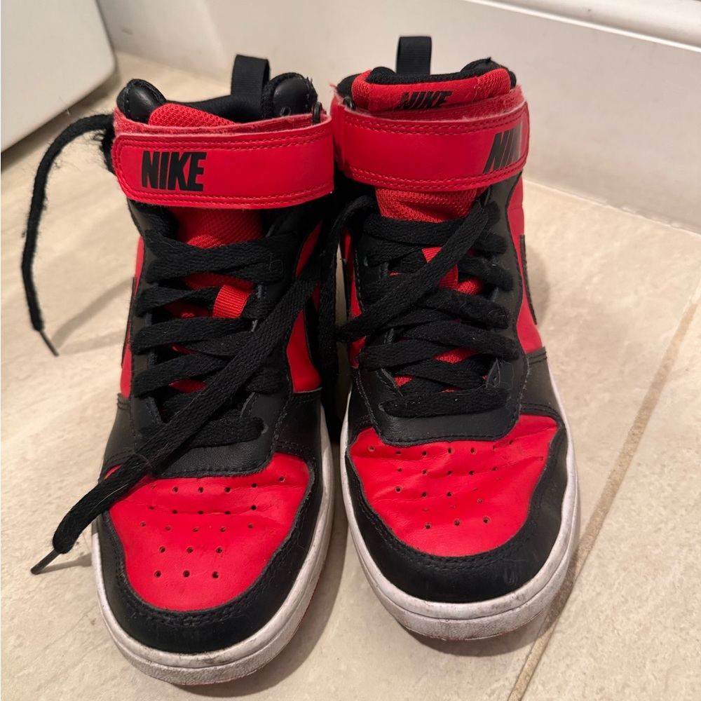 Nike Kids Red and Black High-Top Sneakers with Strap